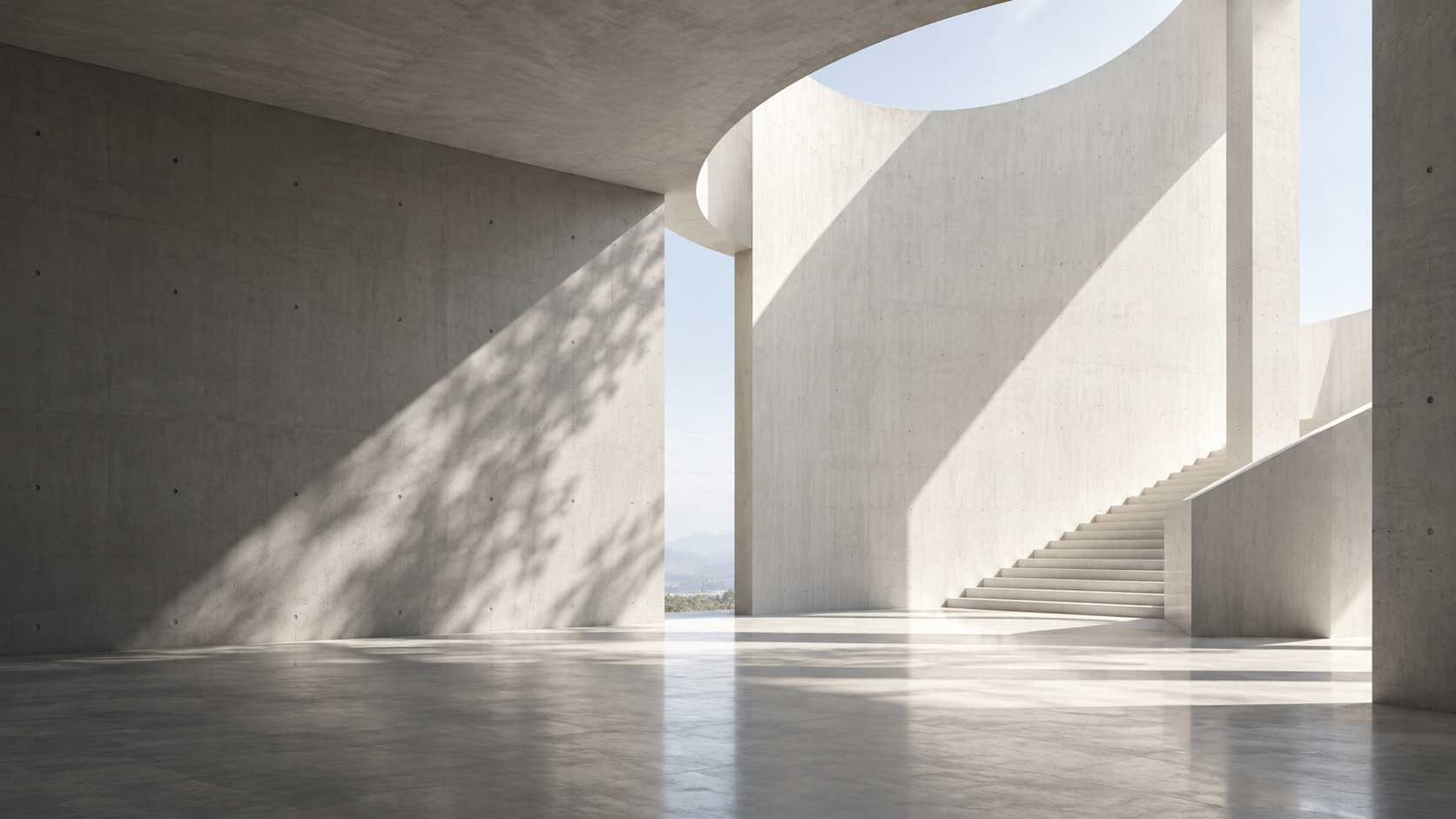 Atrium en béton clair baigné de lumière naturelle, avec un escalier sculptural.